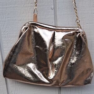 Gold purse with 24 inch gold chain. No brand visible